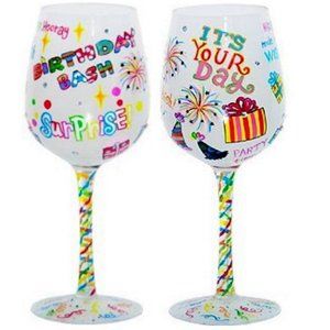 Birthday Bash Bottom's Up Hand Painted Wine Glass with Bling